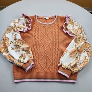Fate Floral Sweater Top Womens Large Rust Woven Contrast Ruffle Sleeve Romantic